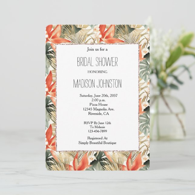 Tropical Orange Anthurium Floral Bridal Shower Invitation (Standing Front)