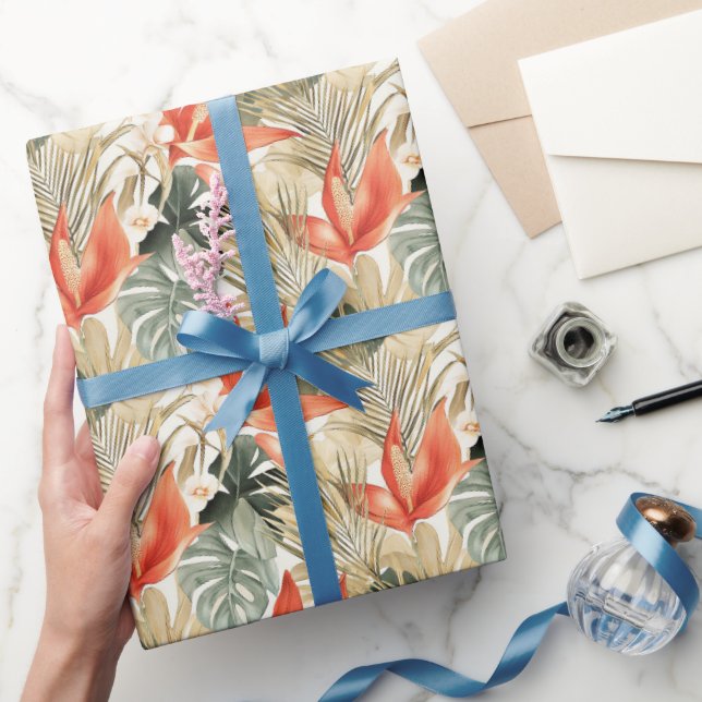 Tropical Orange Anthurium Floral Bridal Shower Wrapping Paper (Gifting)