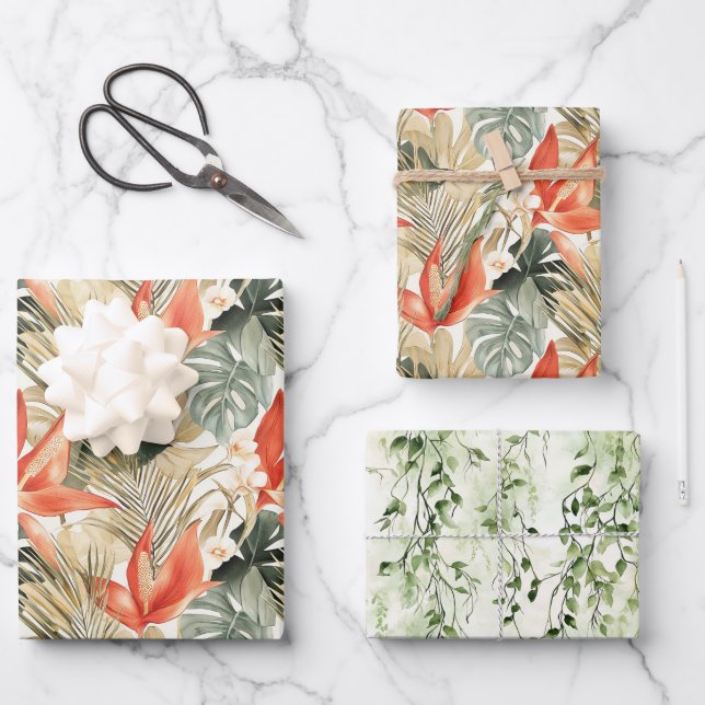 Tropical Orange Anthurium Floral Bridal Shower Wrapping Paper Sheets (Front)