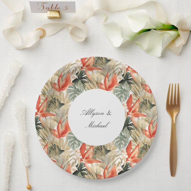 Tropical Orange Anthurium Floral Wedding Paper Plates (Wedding)