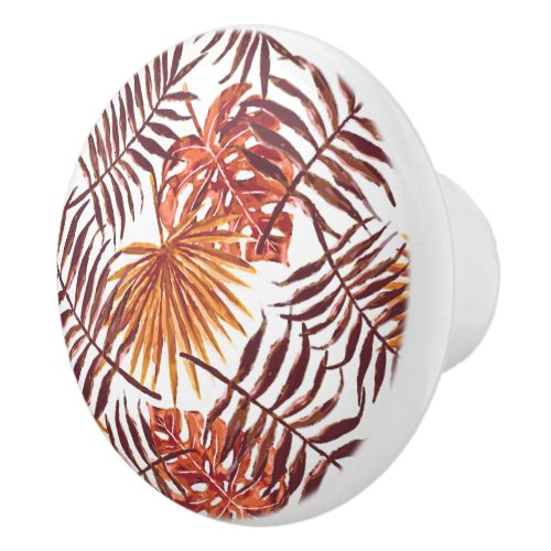 Tropical Orange Brown Palm Leaves Watercolor Art Ceramic Knob