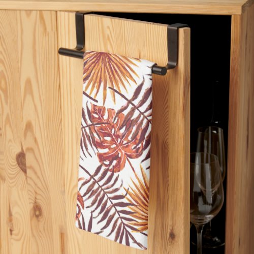 Tropical Orange Brown Palm Leaves Watercolor Art Kitchen Towel