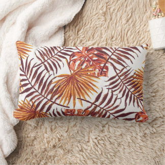 Tropical Orange Brown Palm Leaves Watercolor Art Lumbar Pillow