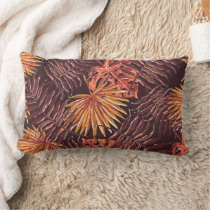 Tropical Orange Brown Palm Leaves Watercolor Art Lumbar Pillow