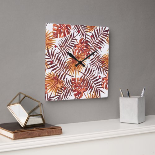 Tropical Orange Brown Palm Leaves Watercolor Art Square Wall Clock