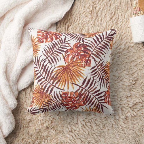 Tropical Orange Brown Palm Leaves Watercolor Art Throw Pillow