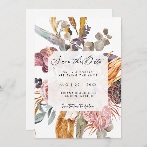 tropical orange floral greenery save the date card
