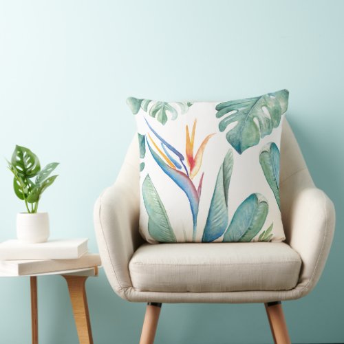 Tropical Orange Flower Botanicals and Greenery Throw Pillow