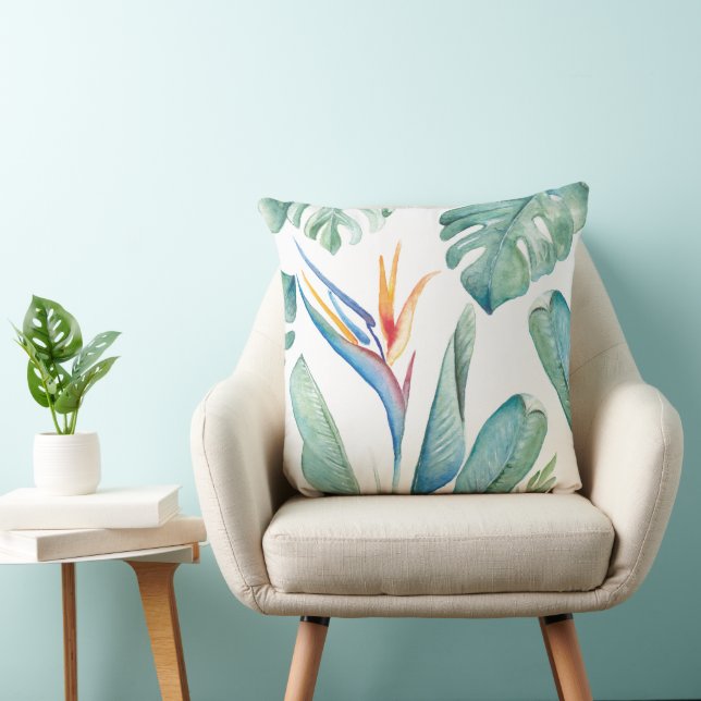 Tropical Orange Flower Botanicals and Greenery Throw Pillow (Chair)