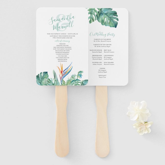 Tropical Orange Flower Wedding Program Fan (Front and Back)