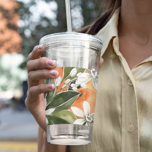 Tropical Orange  Flowers Watercolor Pattern Acrylic Tumbler