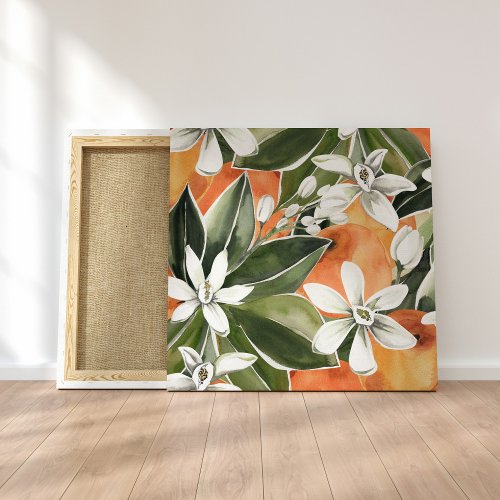 Tropical Orange  Flowers Watercolor Pattern Canvas Print