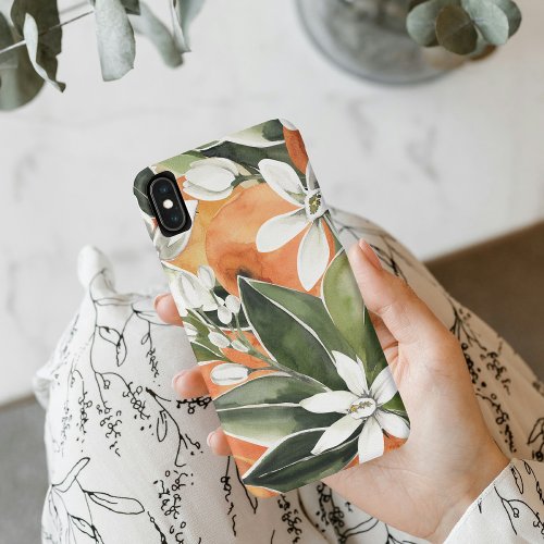 Tropical Orange  Flowers Watercolor Pattern iPhone XS Max Case