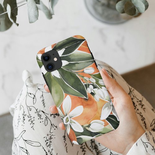 Tropical Orange  Flowers Watercolor Pattern iPhone 11 Case