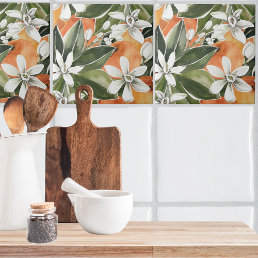 Tropical Orange &amp; Flowers Watercolor Pattern Ceramic Tile