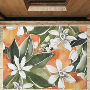 Tropical Orange & Flowers Watercolor Pattern Doormat