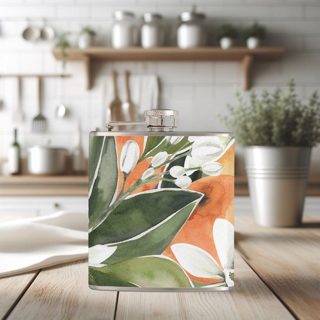 Tropical Orange & Flowers Watercolor Pattern Flask (Creator Uploaded)