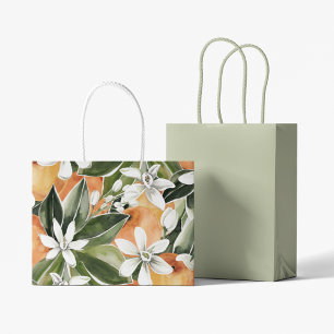 Tropical Orange & Flowers Watercolor Pattern Large Gift Bag
