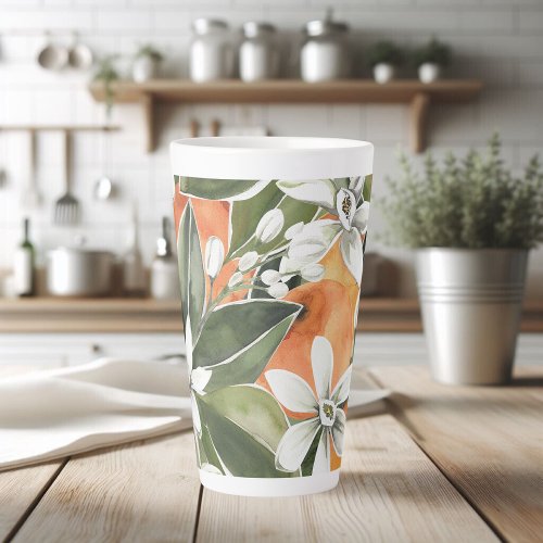 Tropical Orange  Flowers Watercolor Pattern Latte Mug