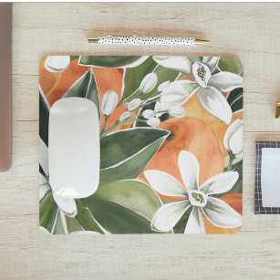 Tropical Orange & Flowers Watercolor Pattern Mouse Pad