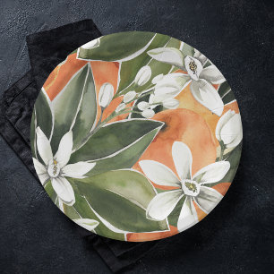 Tropical Orange & Flowers Watercolor Pattern Paper Plates