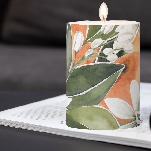 Tropical Orange & Flowers Watercolor Pattern Pillar Candle (Creator Uploaded)
