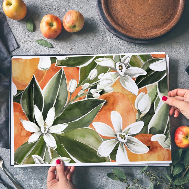 Tropical Orange & Flowers Watercolor Pattern Placemat (Creator Uploaded)