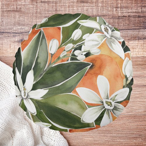 Tropical Orange  Flowers Watercolor Pattern Round Pillow