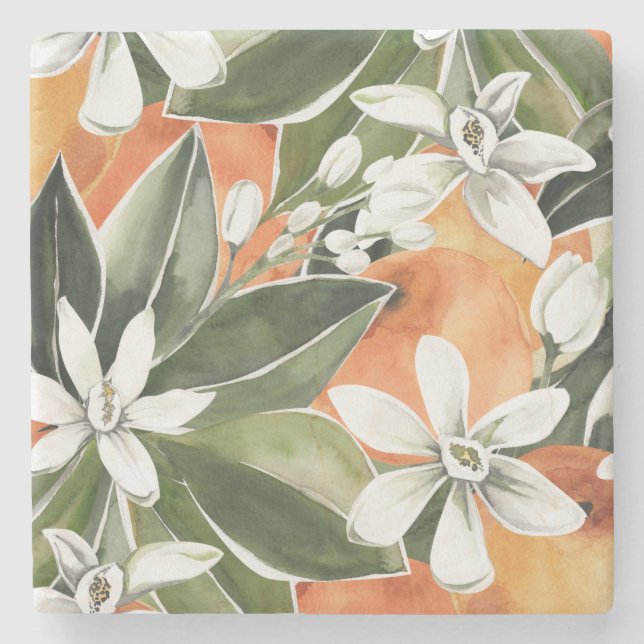 Tropical Orange & Flowers Watercolor Pattern Stone Coaster (Front)