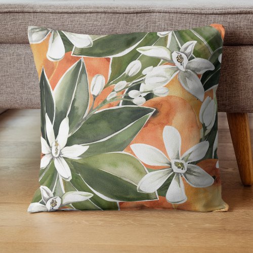 Tropical Orange  Flowers Watercolor Pattern Throw Pillow