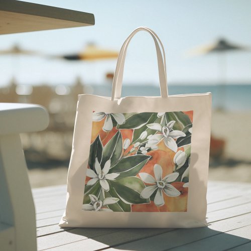 Tropical Orange  Flowers Watercolor Pattern Tote Bag