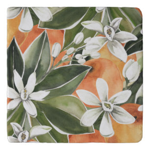 Tropical Orange & Flowers Watercolor Pattern Trivet