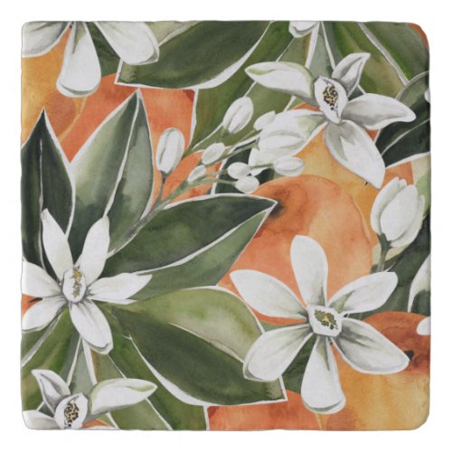 Tropical Orange  Flowers Watercolor Pattern Trivet