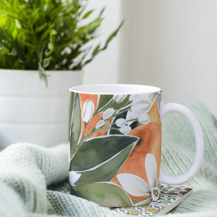 Tropical Orange & Flowers Watercolor Pattern Two-Tone Coffee Mug