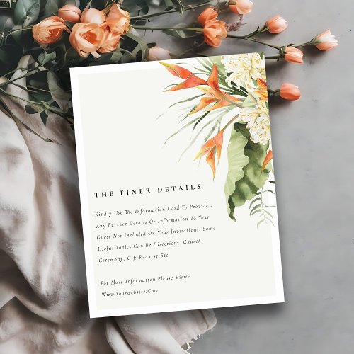 Tropical Orange Green Botanical Wedding Details Enclosure Card