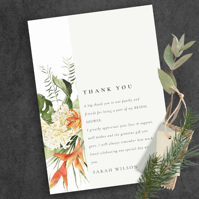 Tropical Orange Green Leaf Botanical Bridal Shower Thank You Card (Creator Uploaded)