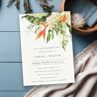 Tropical Orange Green Leafy Botanical Engagement  Invitation