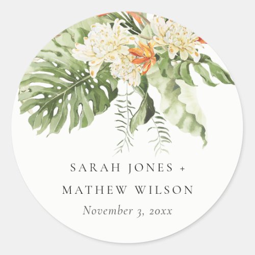 Tropical Orange Green Leafy Botanical Wedding Classic Round Sticker