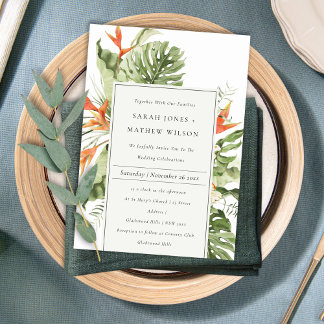 Tropical Orange Green Leafy Botanical Wedding Invitation
