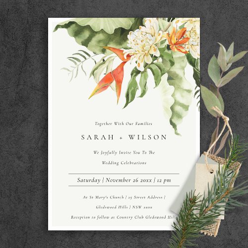Tropical Orange Green Leafy Botanical Wedding Invitation