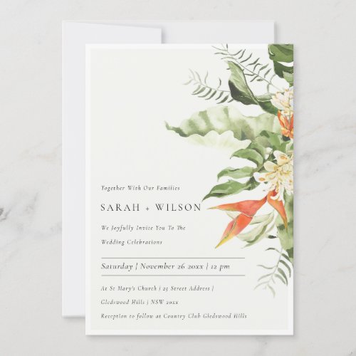 Tropical Orange Green Leafy Botanical Wedding Invitation