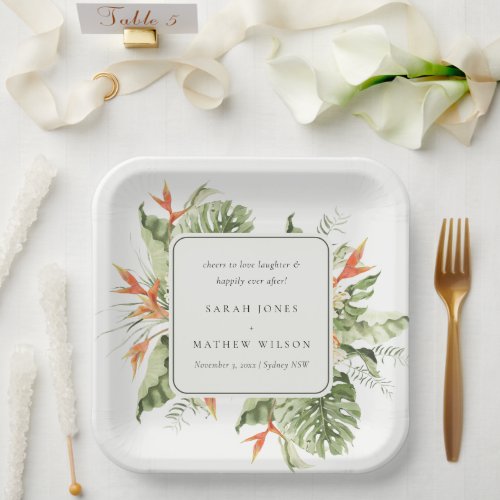 Tropical Orange Green Leafy Botanical Wedding Paper Plates