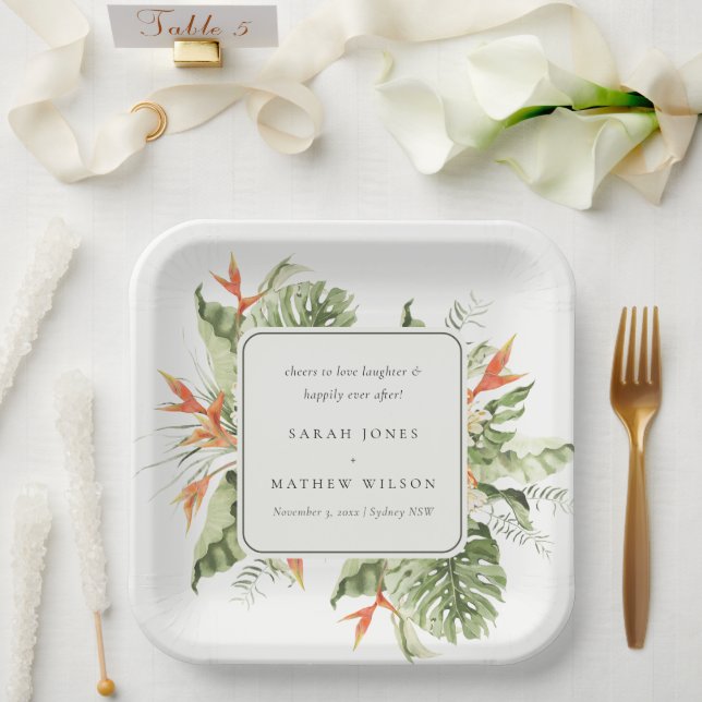 Tropical Orange Green Leafy Botanical Wedding Paper Plates (Wedding)