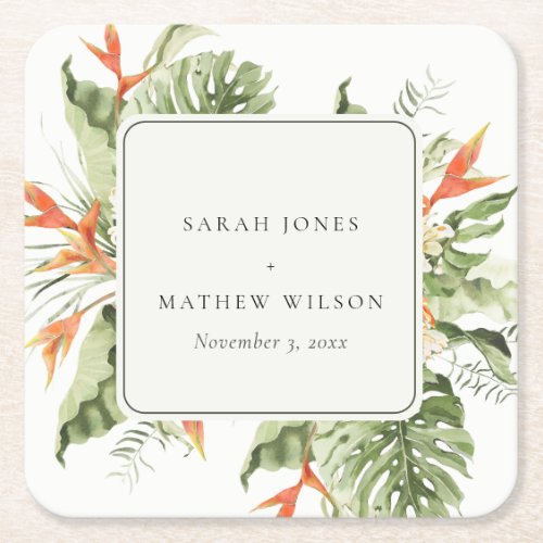 Tropical Orange Green Leafy Botanical Wedding Square Paper Coaster