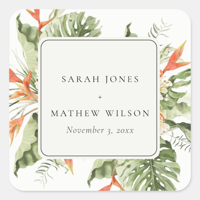 Tropical Orange Green Leafy Botanical Wedding Square Sticker (Front)