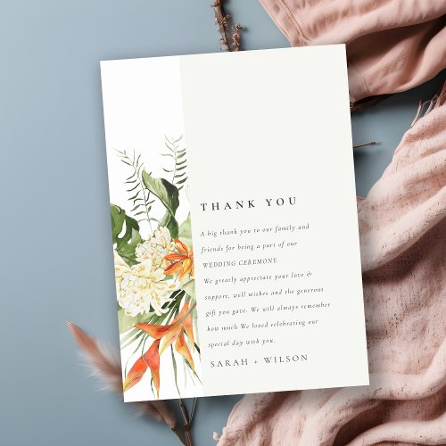 Tropical Orange Green Leafy Botanical Wedding Thank You Card