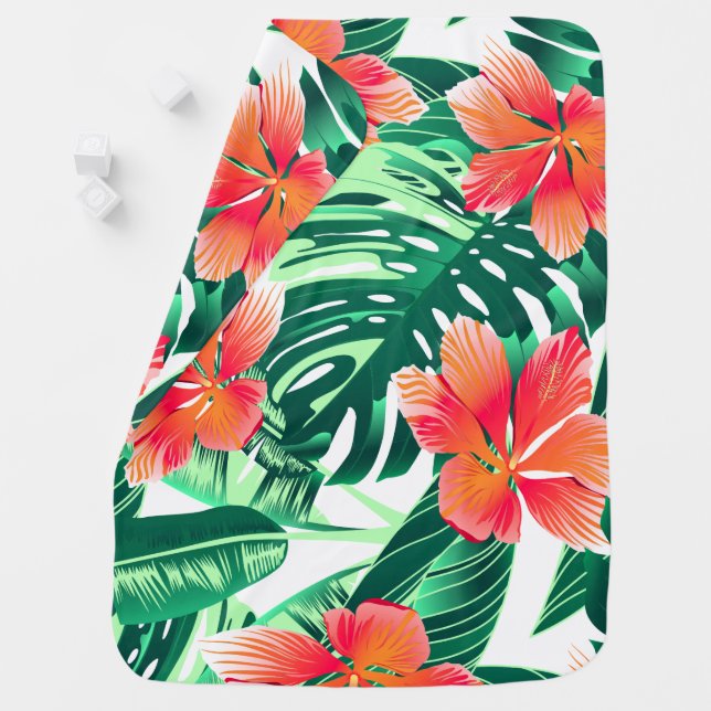Tropical orange hibiscus baby blanket (In Situ)