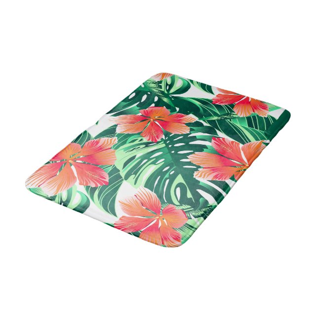 Tropical orange hibiscus bath mat (Angled)