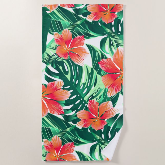 Tropical orange hibiscus beach towel (Front)