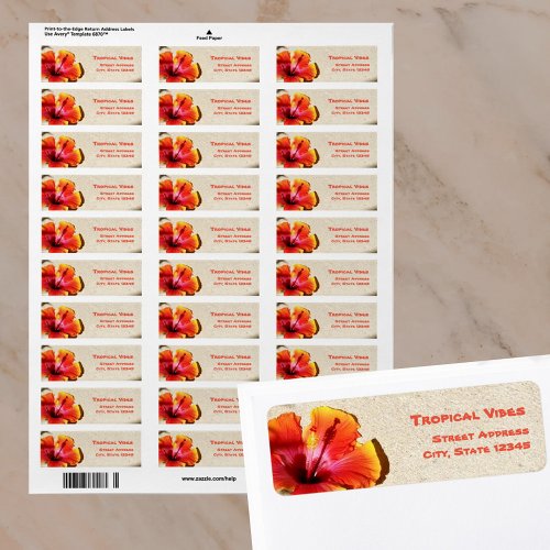 Tropical Orange Hibiscus Blossom on Sand address Label